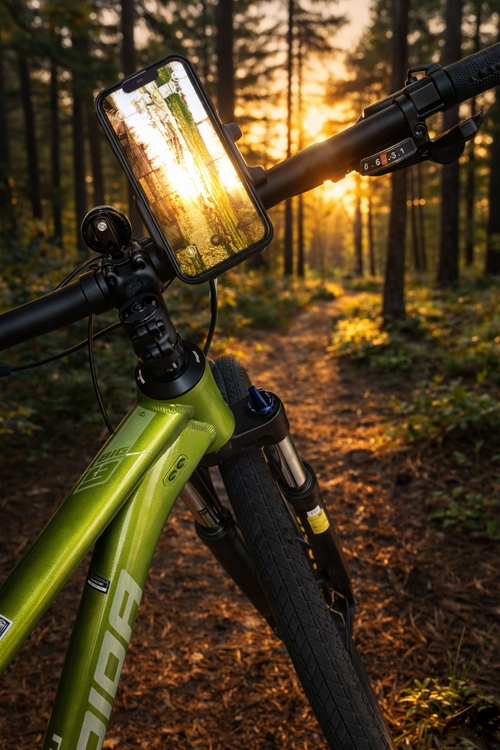 Green bicycle with a phone mount in a forest during sunset.